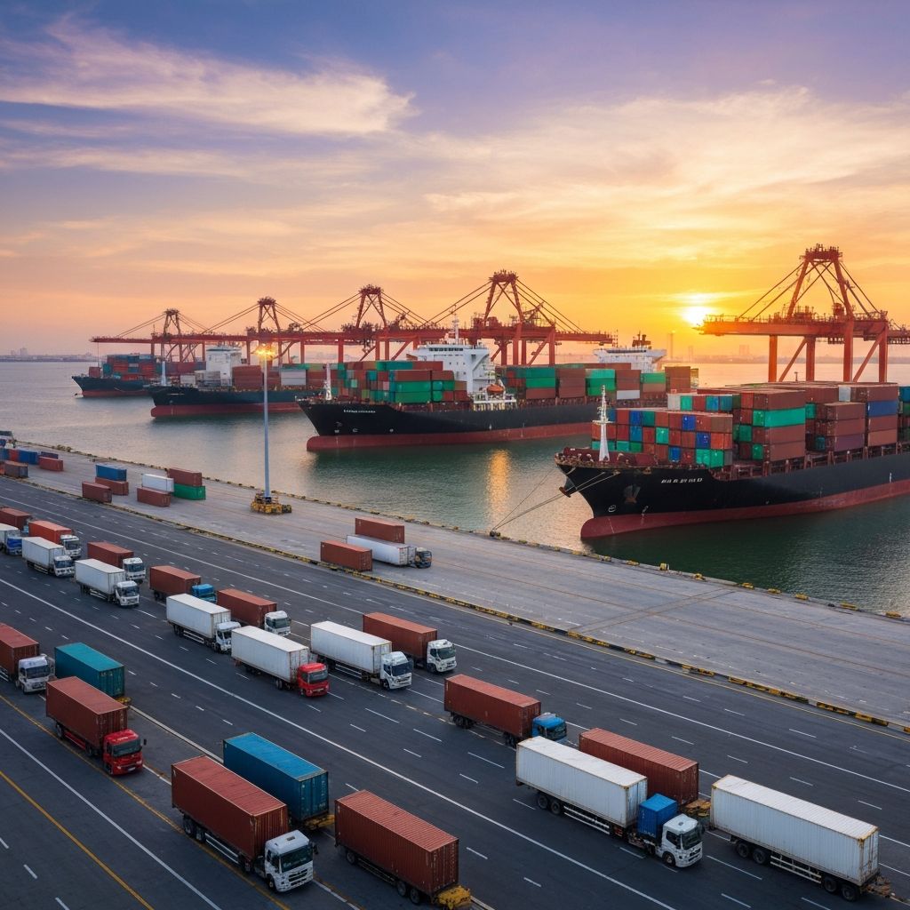 Container port with cargo ships